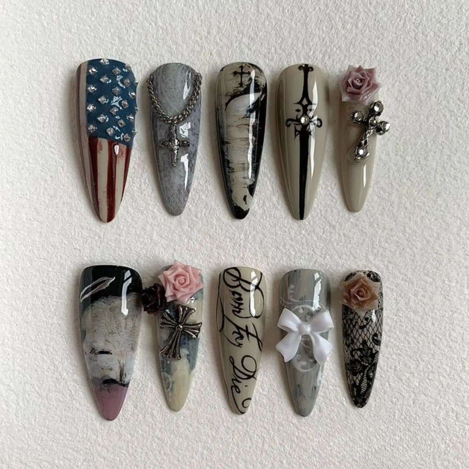 Gothic Cross & Vintage US Flag Press-On Nails, 3D Rose Lace Nails Art