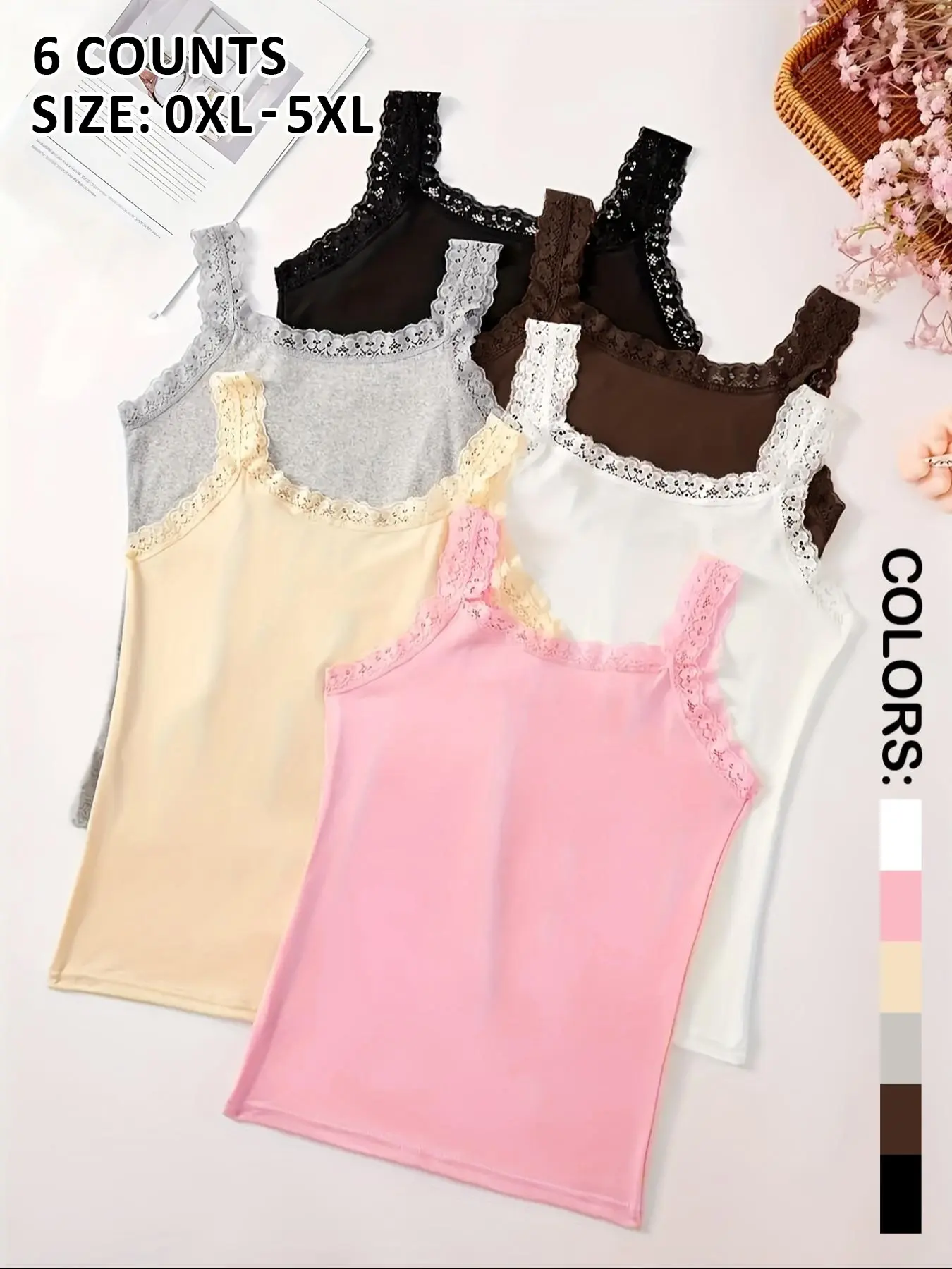 Women's Multi-Color Comfortable Casual Sleeveless Lace Trim Detail Tank Tops Sleepwear, Underwear, 1/6 Pcs Set, Wearable Outerwear, Soft & Stylish Design, Sleeveless Lounge Tops