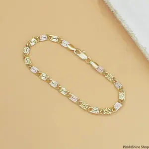 14K Gold Tri Color Mariner Link Bracelet Women Polished Floral Engraved Three Tone Chain Dainty Jewelry Elegant Wrist Accessory Gift For Daily Wear