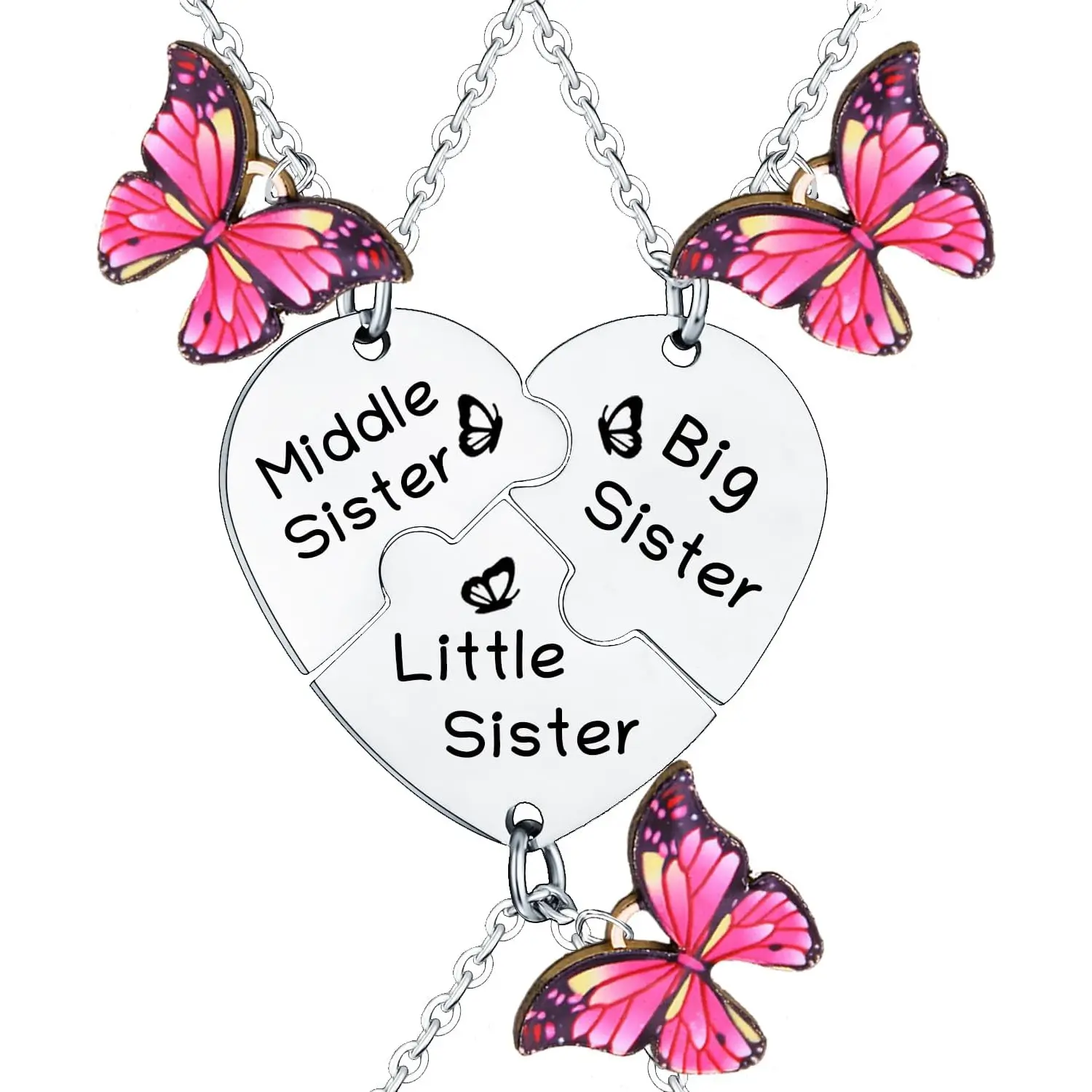 Big Sister Middle Sister Little Sisters Necklaces for 3 Pcs Heart Matching Necklaces for Big Sis Lil Sis Mid Sisters Gift for Best Friend Besties Birthday Present Butterfly Pendant Necklaces