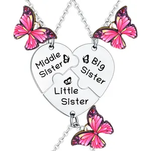 Big Sister Middle Sister Little Sisters Necklaces for 3 Pcs Heart Matching Necklaces for Big Sis Lil Sis Mid Sisters Gift for Best Friend Besties Birthday Present Butterfly Pendant Necklaces
