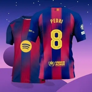 25 26 Home Red And Blue 8# Pedri Short Sleeve Soccer Jersey Fans Version C