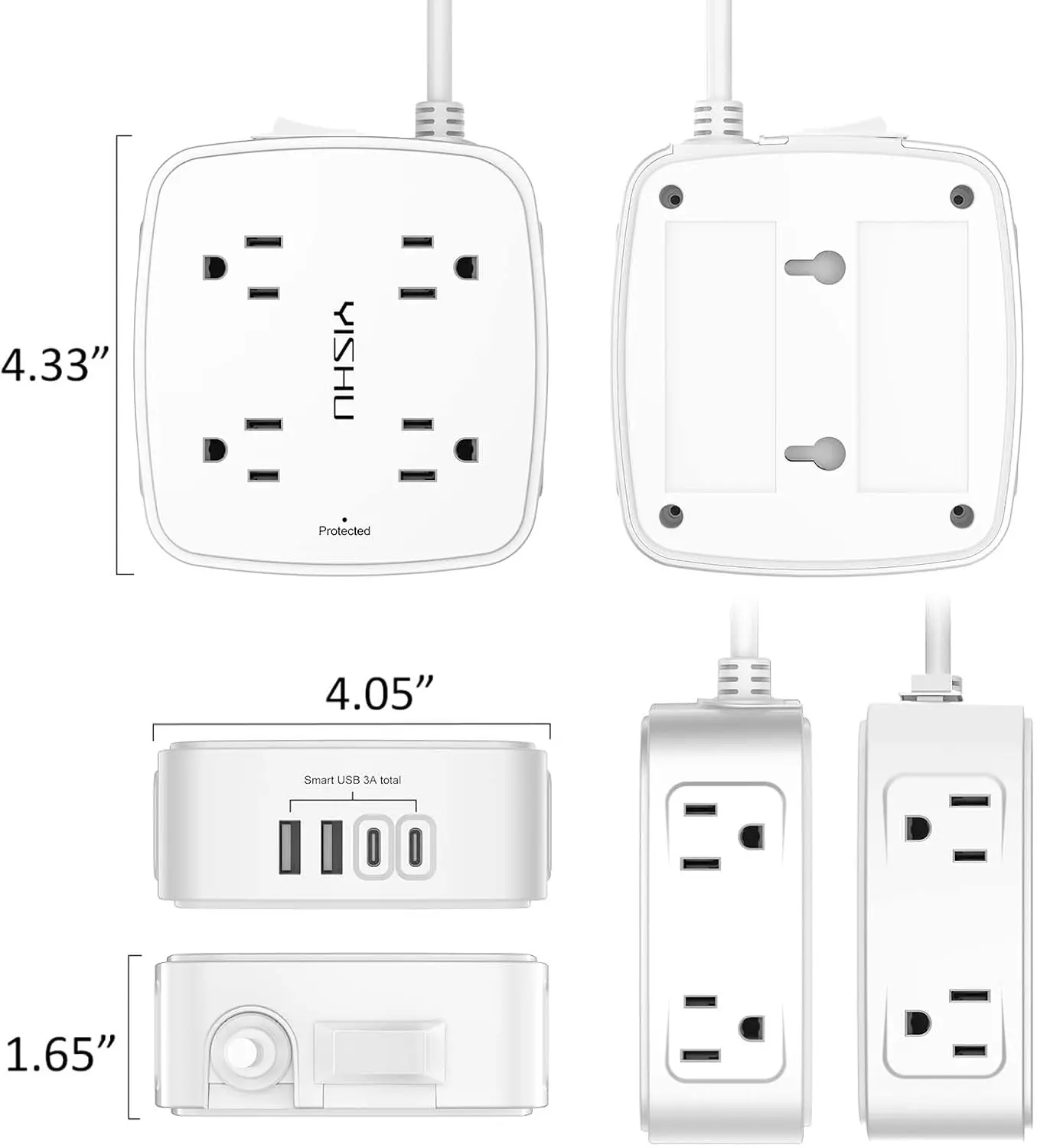 6 Ft Surge Protector Power Strip - 8 Widely Outlets with 4 USB Ports, 3 Side Outlet Extender with 6 Feet Extension Cord, Flat Plug, Wall Mount, Desk USB Charging Station, ETL,White