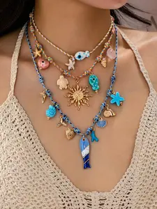 Bohemian Summer Beach Necklace Set for Women, Sealife & Fish Charms, Colorful Rope Design, Perfect for Vacations & Casual Wear