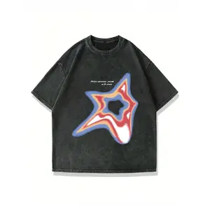 Plus Size Men's Casual Y2K Aurora, Star & English Graphic Round Neck Washed T-Shirt, Short Sleeve, For Daily Wear, Grunge Style