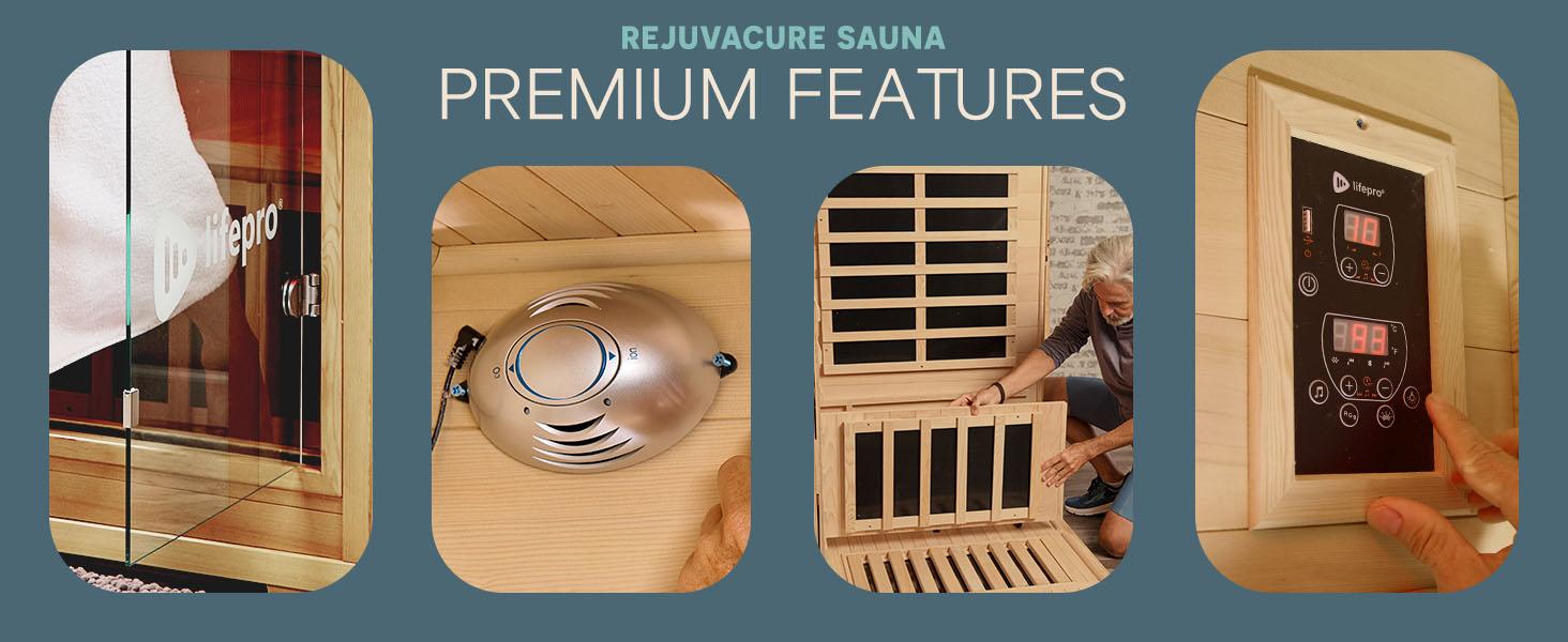 LifePro Rejuvacure Low-EMF Wooden Far Infrared Sauna for Home - Tempered Glass Door 1 Person Indoor Sauna Box with 7 Chromotherapy, Bluetooth Speakers, Canadian Hemlock Wood and Carbon Fiber Heaters LifePro Rejuvacure Low-EMF Wooden Far Infrared Sauna for Home - Tempered Glass Door 1 Person Indoor Sauna Box with 7 Chromotherapy, Bluetooth Speakers, Canadian Hemlock Wood and Carbon Fiber Heaters