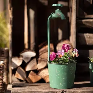Vintage Faucet Design Metal Planter, Rustic Water Tap Style Flower Pot for Indoor Outdoor Garden Decor