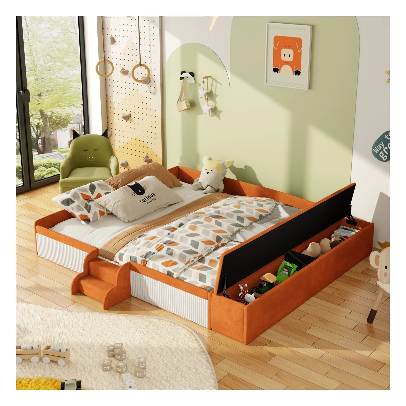 Twin/Full/Queen/King Velvet Upholstered Daybed Frame with Hydraulic Storage, Guardrails and Ladder, Pink/White/Brown