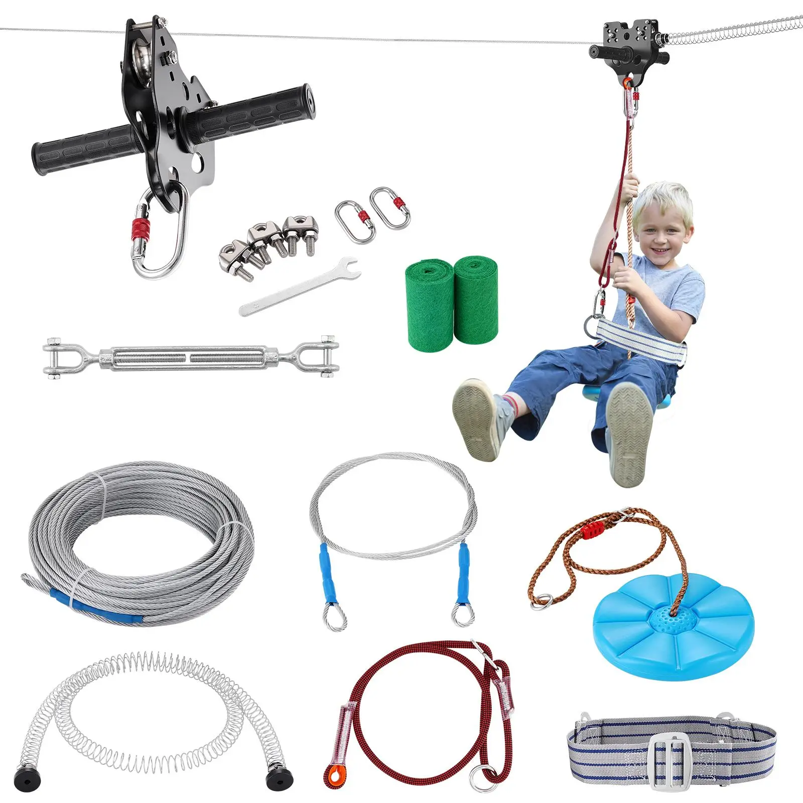 VEVOR Zipline Kit for Kids and Adult,  , 120 ft Zip Line Kits Up to 500 lb, Backyard Outdoor Quick Setup Zipline, Playground Entertainment with Stainless Steel Zipline, Spring Brake, Safety Harness, Seat