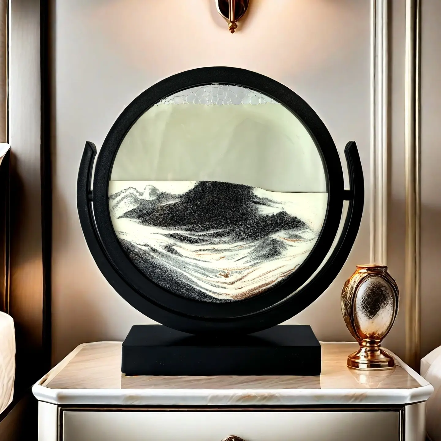 Flowing Sand Painting 3D Moving Sand Art Decor  Ornaments Round Glass Deep Sea Sand Art 360° Parallel Rotation Wall Mounted Rotate Sculpture Love Theme Ornaments A4