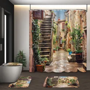 LVRLVR 4Pcs Italian Tuscan Alley Print Vintage European Multi-Color Shower Curtain Set 70.8×70.8 Inch