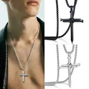 1pcs Men's Stainless Steel Nail Cross Pendant Necklace with 24 Inch Chain Polished Black Silver, For Men Fashion Cool Style Pendant Personality Jewelry Accessories