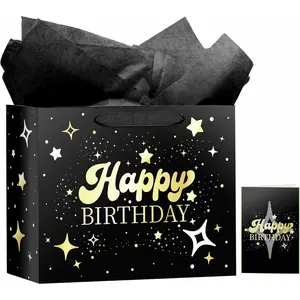 Black Birthday  Bag with Tissue Paper and Greeting Card,  Foil 13" Happy Birthday  Bag for Men Women, Hot Stamping  Bags