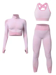 Women's Colorblock Zip Up Crop Top & High Waist Leggings & Bra Three-Piece Set, Casual Comfy Breathable Outfits for Yoga Gym Workout, Ladies Clothes for All Seasons, Athletic Tracksuit
