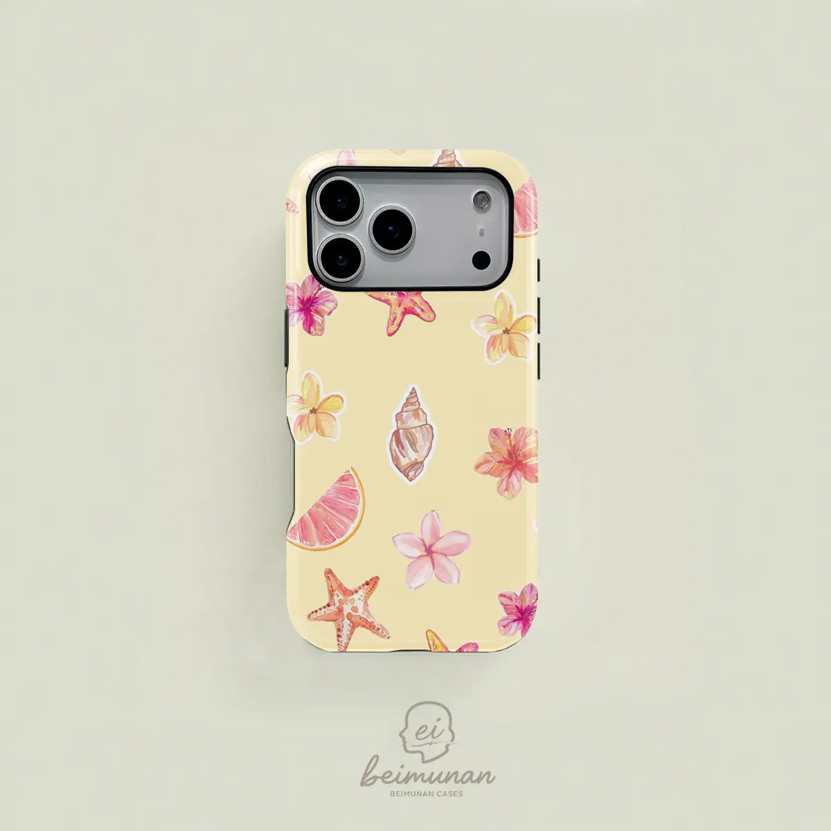 This yellow watercolor-style case features a fresh floral, seashell, and starfruit design. It's a durable 2-in-1 protective case, compatible with MagSafe, and works with iPhone 17/16/15/14/13/12/11 Pro Max/Plus/Pro. A simple and stylish phone case,
