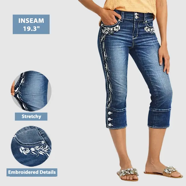 Flamingals Plant Embroidery Button Decor High Waist Skinny Capri Jeans Stretchy 19.3 Inseam Fashion Womenswear