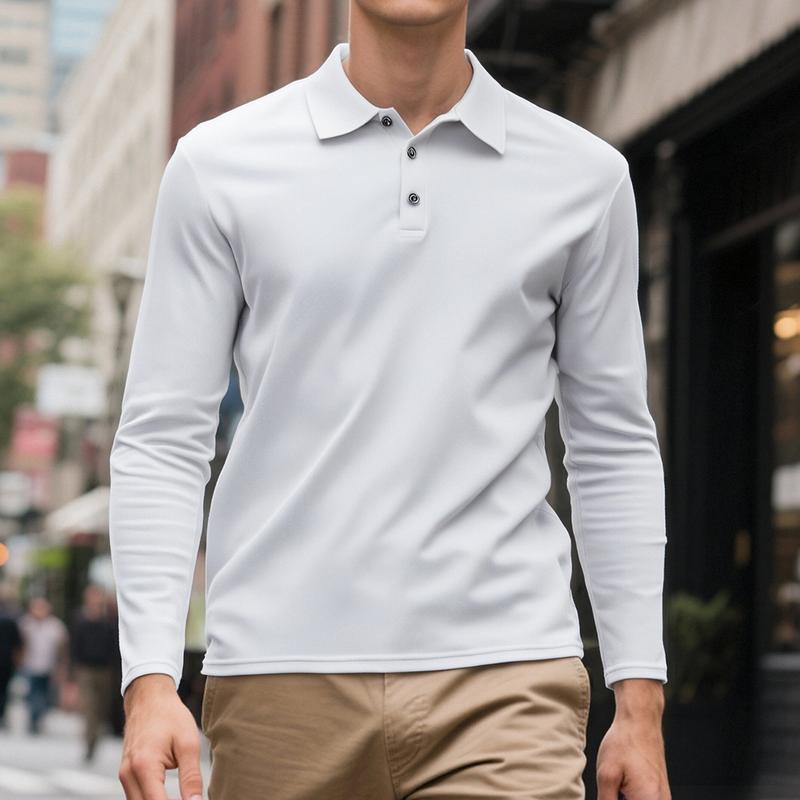Spring and autumn long-sleeved polo shirt with turned-down collar. Solid color, glossy fabric, multiple colors. Polo shirt for casual sports wear for men. Perfect for traveling and work.