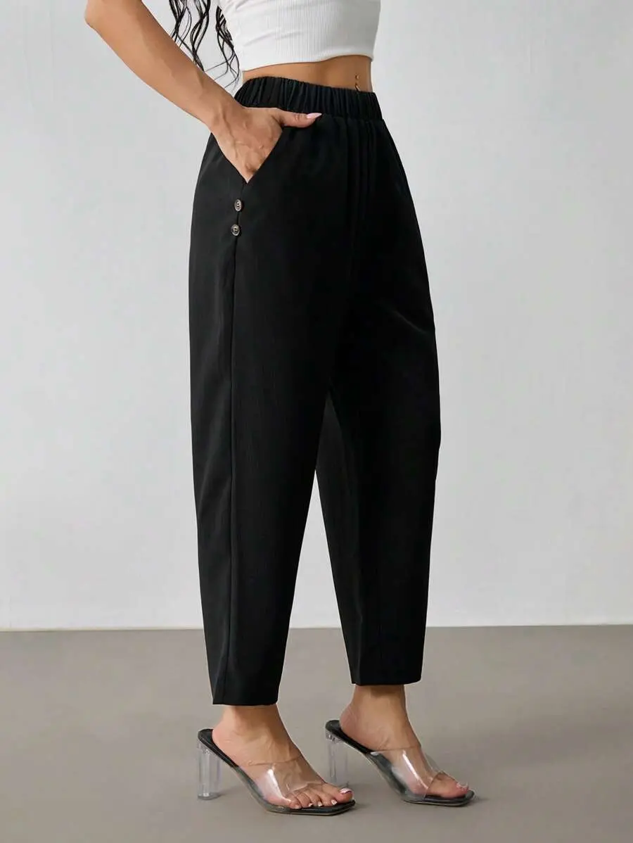 Women's Petite Cropped Pants - High Waist Pull-On with Button Detail for Work and Errands