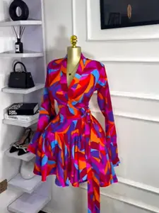 TOYOULU Women's Tie-Dye Print Flare Long Sleeve Fitted Dress, V-Neck Bow Hem, Fall Winter Spring Wear, Elegant Vacation Party Outfit Birthday Dress, Valentine's Day Lady Skirts