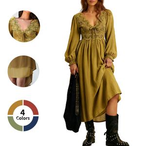 Chicovar Boutiques Women's Boho Maxi Dress Lace V Neck Puff Sleeve Vintage Flowy Dress for Fall Date Nights, Vacation & Party, Festive Holiday Dress for Christmas | Low Iron Care