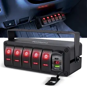 Nilight 5 Gang Rocker Switch Box 12V SPST ON Off Toggle Switches PD Type C and QC 3.0 USB Charger Voltmeter LED Light Waterproof Aluminum Mount Bracket Panel DIY Stickers for Boat Car RV Truck
