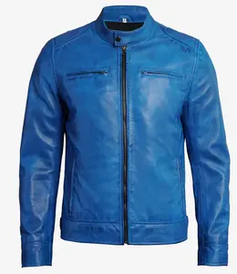 Men’s Blue Genuine Leather Jacket Slim Fit Zip-Up Biker Style Fashion Jacket