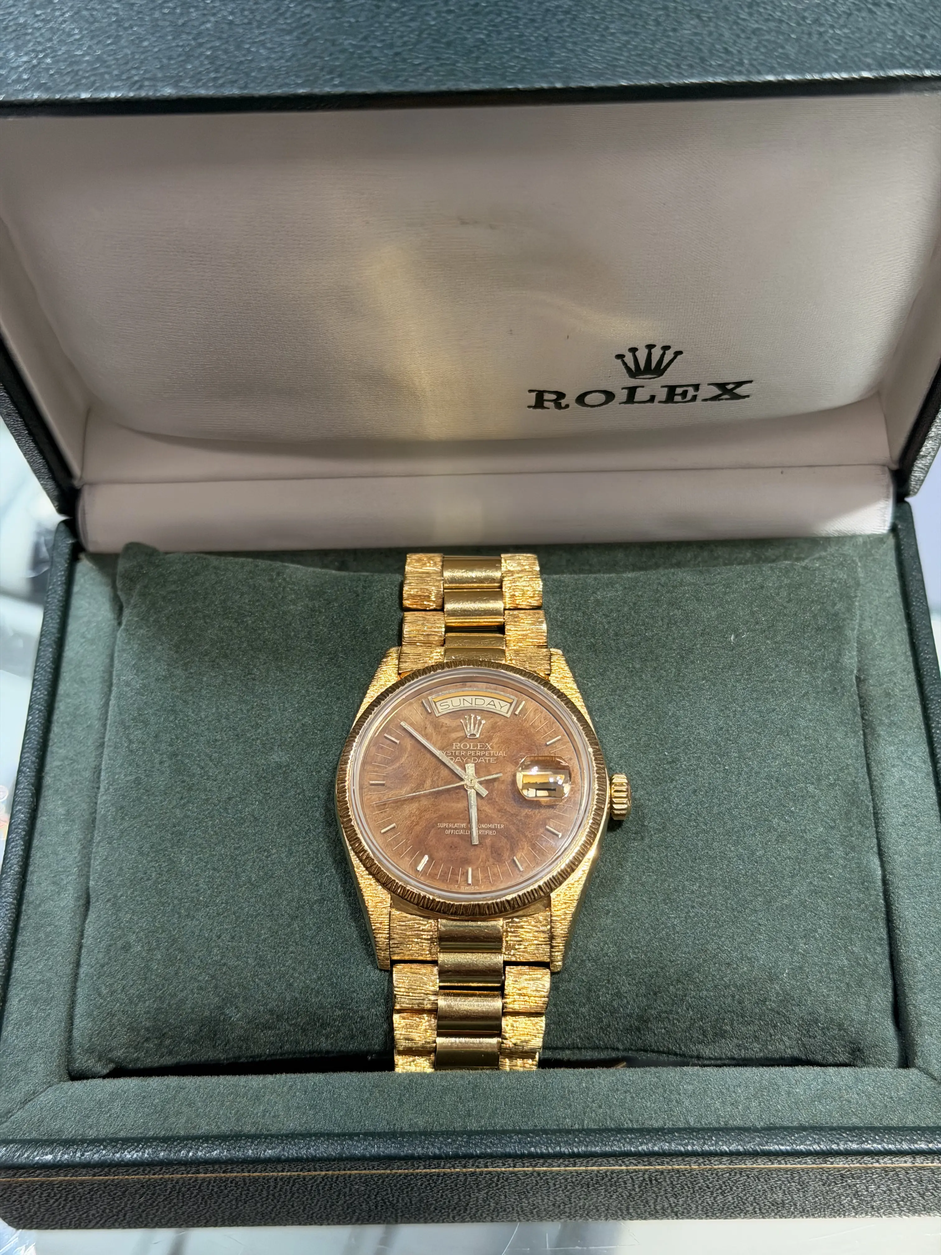 Rolex Day-Date 36 mm Wood Dial Bark Finish 18K Yellow Gold Watch