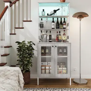 GAOMON 66.9" Bar Cabinet with Power Outlets & LED Lights, Pantry Cabinet with Glass Doors, Kitchen Bakers Rack, Microwave Stand Bakers Rack Cabinet for Dining Room, Living Room, Hallway