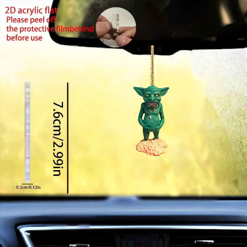 2D Flat 2D Flat Acrylic Goblin Hanging Decoration - Green Goblin with Fangs & Sharp Teeth, Car Interior Pendant, Easy to Install, Perfect for Halloween or Gothic Themed Vehicles, Halloween Decoration | Spooky Theme | Easy Installation, Gobl