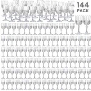 144 Pcs 7oz White Plastic Champagne Flute Cups, Vintage Reusable Stemware Party Cup, Practical Party Tableware for Wedding, Bridal Shower, Birthday, Christmas, New Year, Camping, Picnic, Retro Bar and Family Gathering Table Decoration