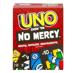 Mattel Games UNO Show ‘em No Mercy Card Game in Storage & Travel Tin for Kids, Adults & Family Night with Extra Cards, Special Rules & Tougher Penalties (Amazon Exclusive)
