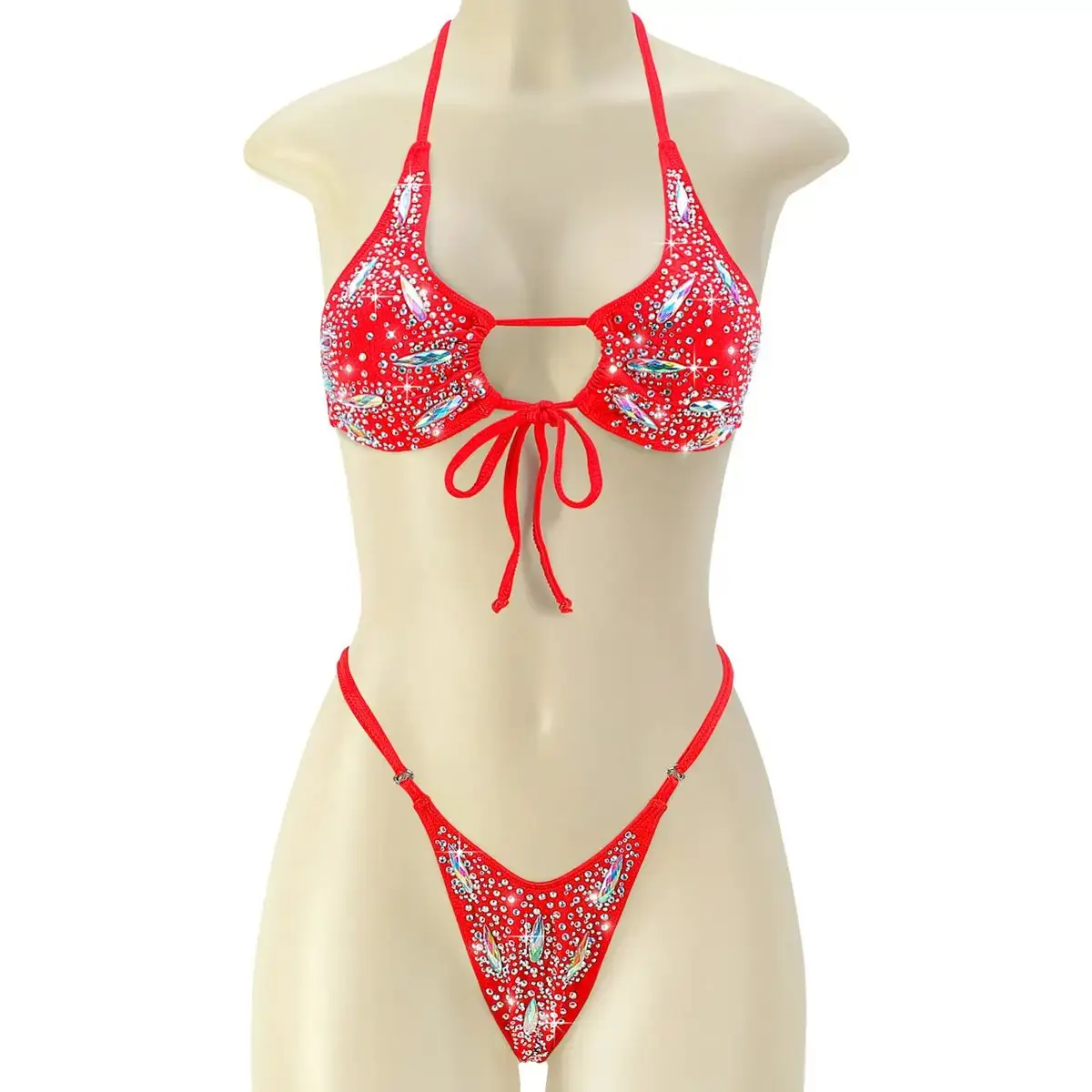 Pleaser Raven-07RS Women's Rhinestone Two-Piece Dance Set Red
