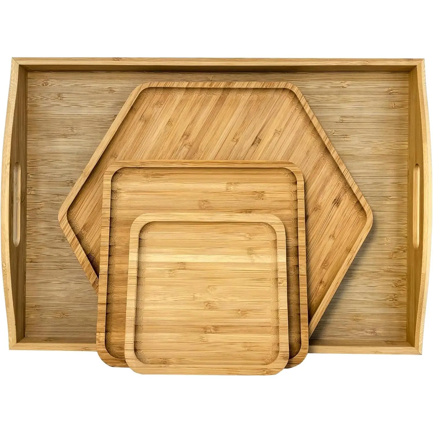Geometric Large Rectangle Serving Tray Set (16.5"x11.8" with Handle) - 1 Hexagon (12.5") + 2 Square Small Plates (7.8", 5.9") Kitchen Tableware for Family Dinner, 1Hexagon+2Square