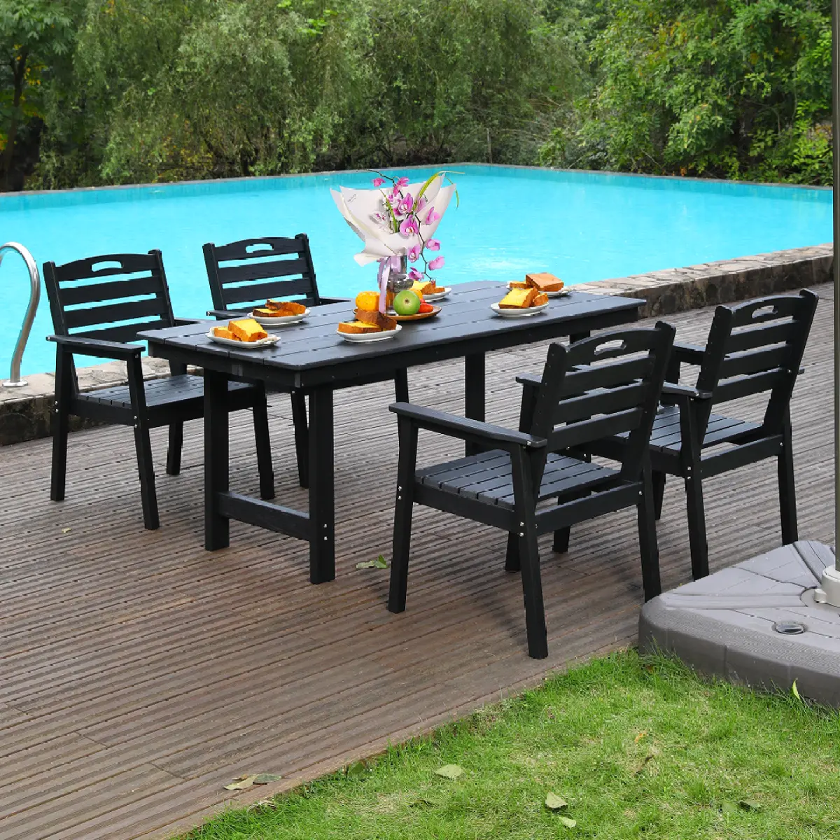 HDPE Outdoor Patio Dining Table Set 5 Pieces, One Table and Four Chairs. The outdoor dining furniture has sunshade holes and is suitable. It is suitable for lawns, gardens, backyards, and pool sides.Black,Waterproof