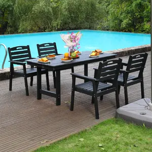 HDPE Outdoor Patio Dining Table Set 5 Pieces, One Table and Four Chairs. The outdoor dining furniture has sunshade holes and is suitable. It is suitable for lawns, gardens, backyards, and pool sides.Black,Waterproof