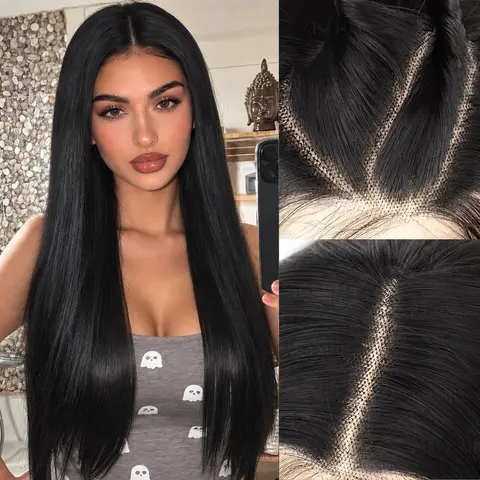 [AISI HAIR] 5X7  Black Straight Lace Front Wig for Women Synthetic Pre Plucked Blonde Glueless 22inch Wig With Baby Hair for Beginner Friendly