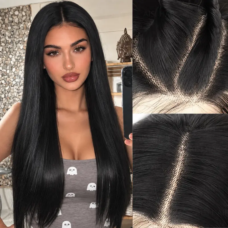[AISI HAIR] 5X7  Black Straight Lace Front Wig for Women Synthetic Pre Plucked Blonde Glueless 22inch Wig With Baby Hair for Beginner Friendly