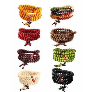 8Pcs 108 Mala Bead Bracelets 8MM Tibetan Buddha Wood Beads Sandalwood Link Wrist Necklace Chain Multilayer Buddhist Prayer Strand Elastic Chinese Knot Meditation Jewelry