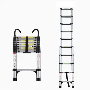 9.5ft Height-Adjustable Aluminum Button Lock Extendable Step Telescopic Ladder, 2 Triangular Stabilizers, Hooks, 330lbs Max Load, Multi-Purpose Industrial Hand Tool, Extendable Telescopic Ladders, Step Telescopic Ladders