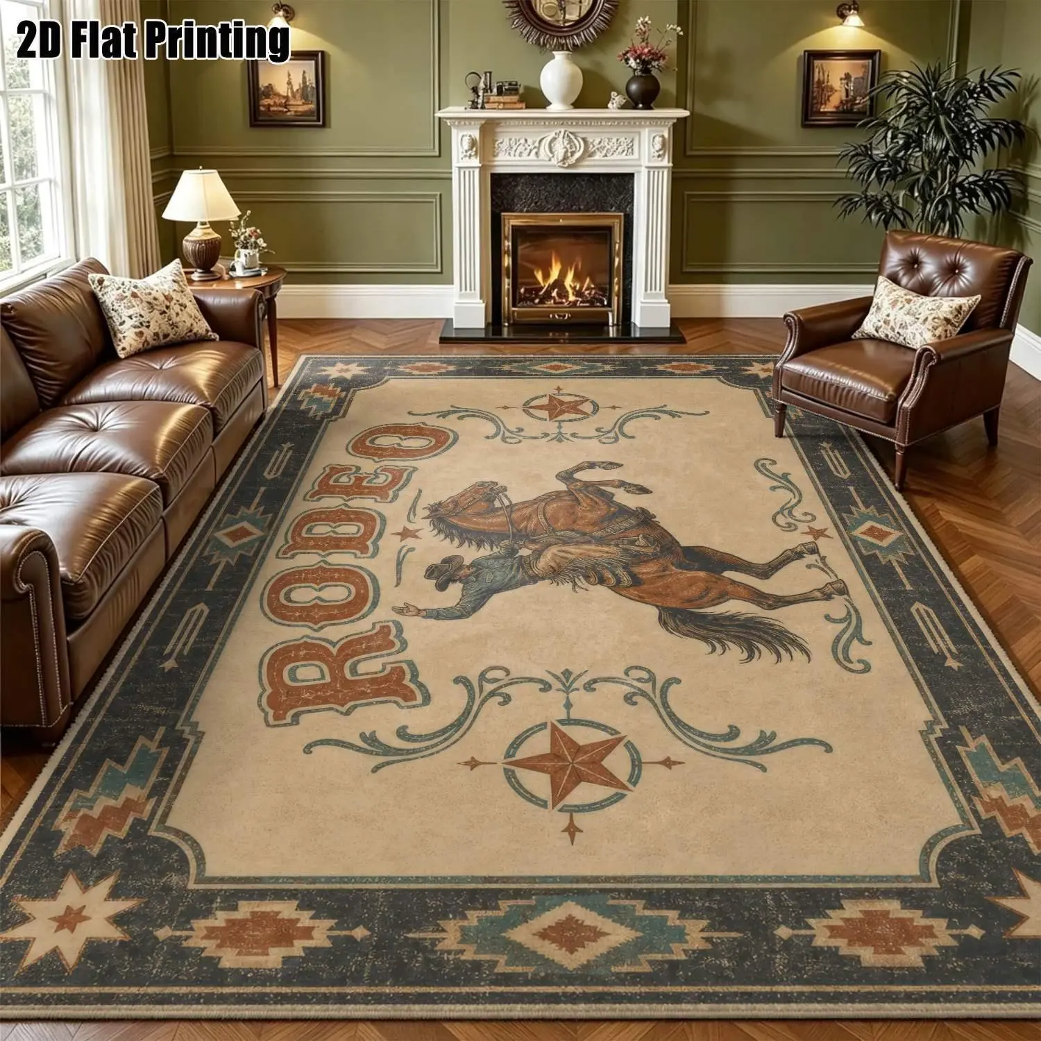 Large indoor area rug, soft velvet low pile with non-slip dotted backing, machine washable vintage western rodeo cowboy bronco print, southwest aztec accent decor for living room and bedroom