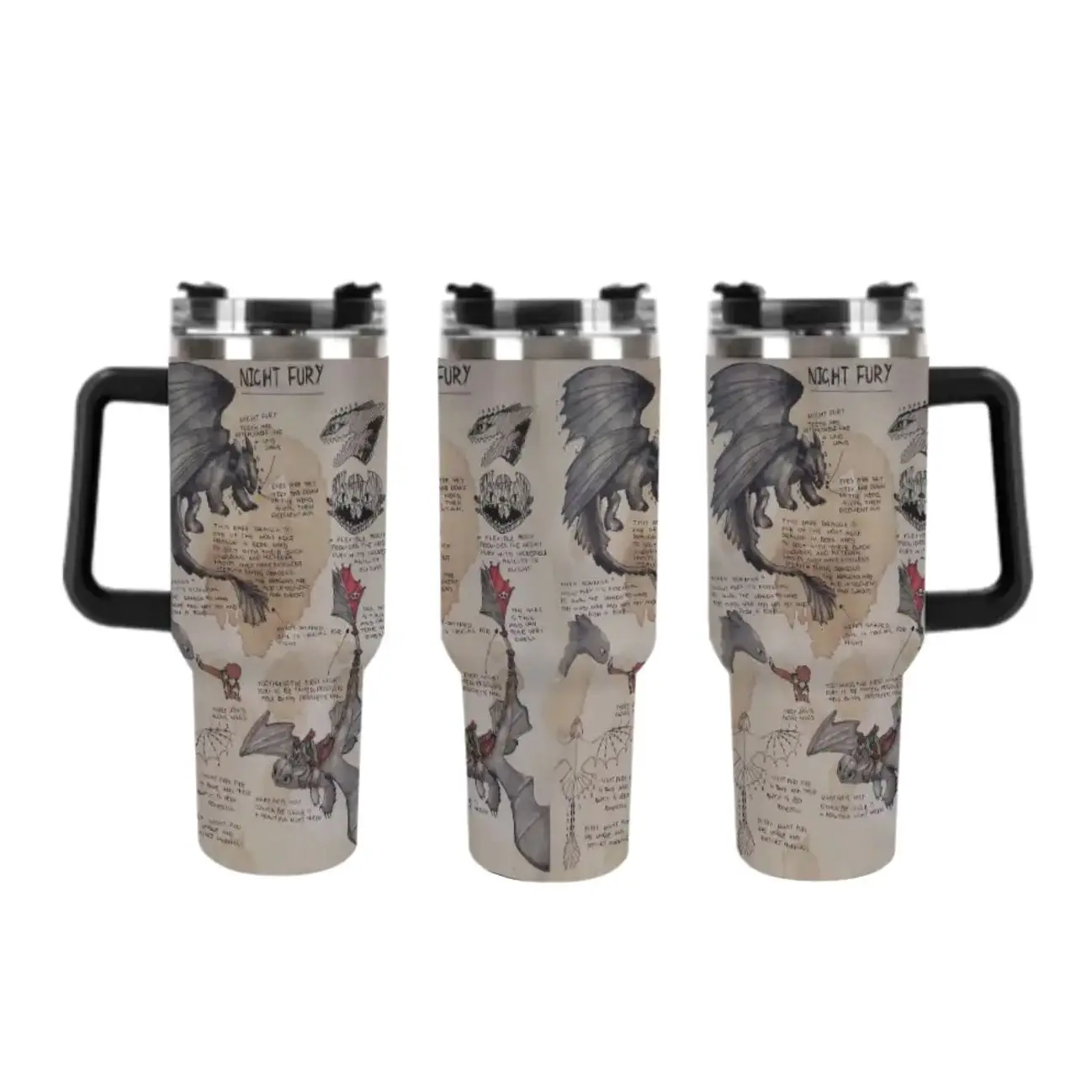 Night Fury Dragon Sketch 40oz Tumbler with Handle, Fantasy Dragon Travel Mug for Dragon Lovers, Stainless Steel Insulated Cup, Perfect Gift for HTTYD Fans