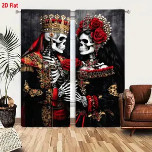 2D Flat Royal Skeleton Day of the Dead Gothic Curtain 2-Piece Set, Black with Gold Red Embroidered Floral Tassels, Opulent Regal Halloween Decorative Window Curtains for Living Room Bedroom