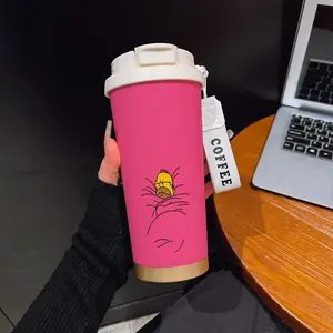 Stainless Steel Simpson Cartoon Thermos Cup with Hanging Rope, Background, Leak-Proof Design, Straight Sipper Mouth, Ideal Gift