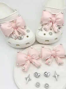 8 Piece Satin Ribbon Bow Star Rhinestone Shoe Charms, Silver Color Decorative Alloy Straps, Sweet Cool Girl Style Shoe Flowers, Sparkling Shoe Charms