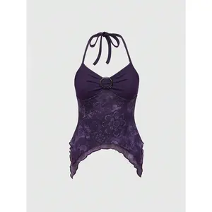 Hippie Summer Purple Retro Printed Asymmetrical Hem Backless Halter Top