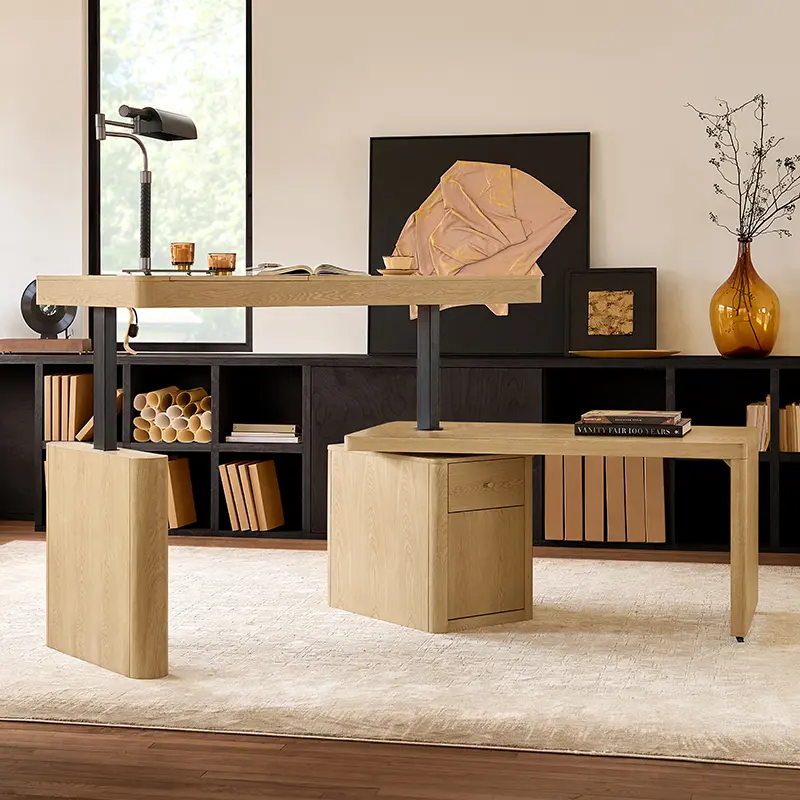 【5-Year Electronics Warranty】HULALA Veritas Home Office 360-Degree Rotating Standing Desk with Flip-Top Lid Electric Height-Adjustable Design Side Cabinet Drawers Storage L Shaped Wood Finish Ergonomic