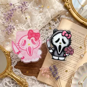 Pink Horror Cat Phone Grip, Cute Ghost Mask Cat with Knife, Kawaii Spooky Phone Holder for Halloween Fans