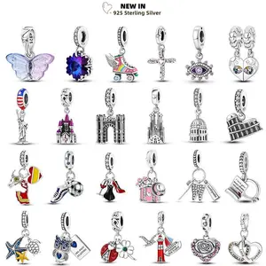 Fit Original Bangle Bracelet 925 Silver Castle Church Heart Glass Cross Sea Turtle Charms Beads Funny Playable Bead DIY Jewelry