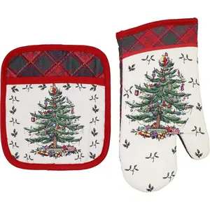 Spode - 2pc Kitchen Set, Oven Mitt & Pot Holder, Holiday Home Decor (Spode Christmas Tree Tartan Collection)