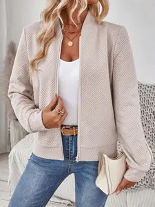 Women's Casual Fashion Zipper Jacket, Geometric Texture Design, Stylish Outerwear for Daily Wear, Comfortable Ladies' Coat